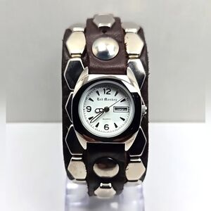 Red Monkey LA Leather Cuff Watch Day Date Quartz Adults New Battery Rock Grunge